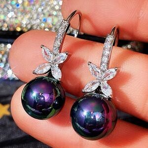 💜Gorgeous Tahitian Style Pearl &Cz Diamond Drop Earrings